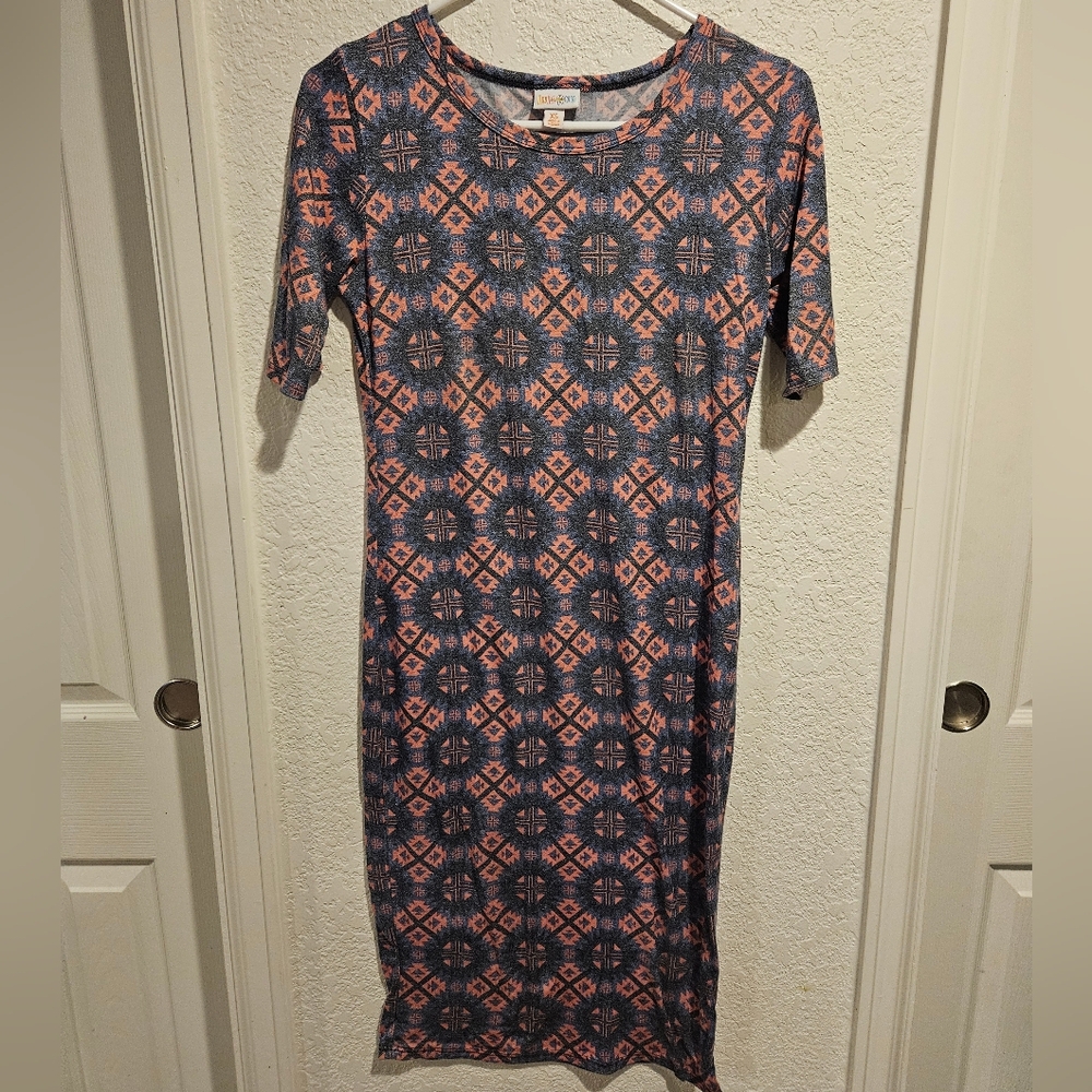 LuLaRoe Geometric Midi Dress - Blue and Pink
